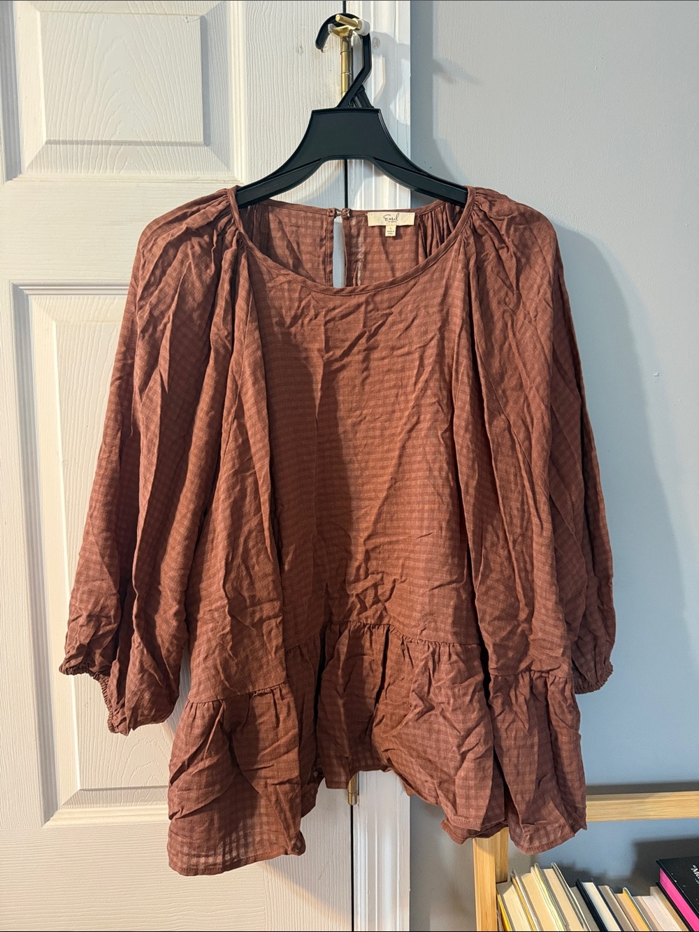 easel Rust Brown Peasant Tunic with Ruffle Hem